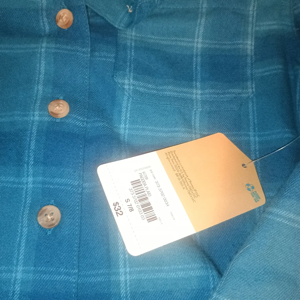 Thereabouts unisex plaid teal button up shirt size small 7/8. Brand new with tag